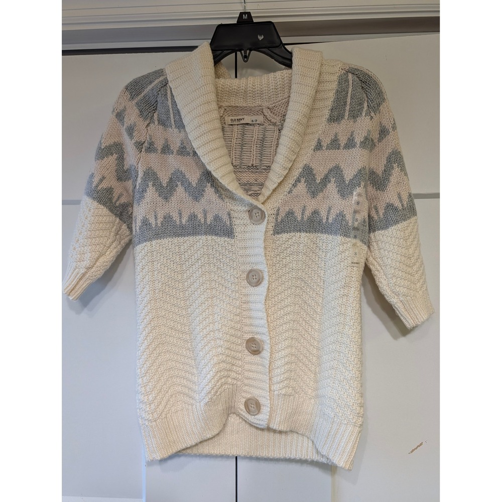 Old Navy Womens Short Sleeve Shawl Collar Fair Isle Chunky Knit Cardigan Cream S